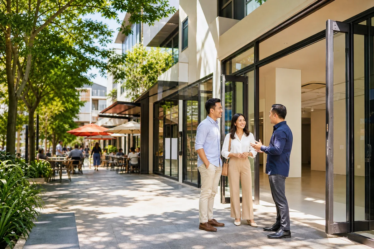 A landscaped retail and commercial street
