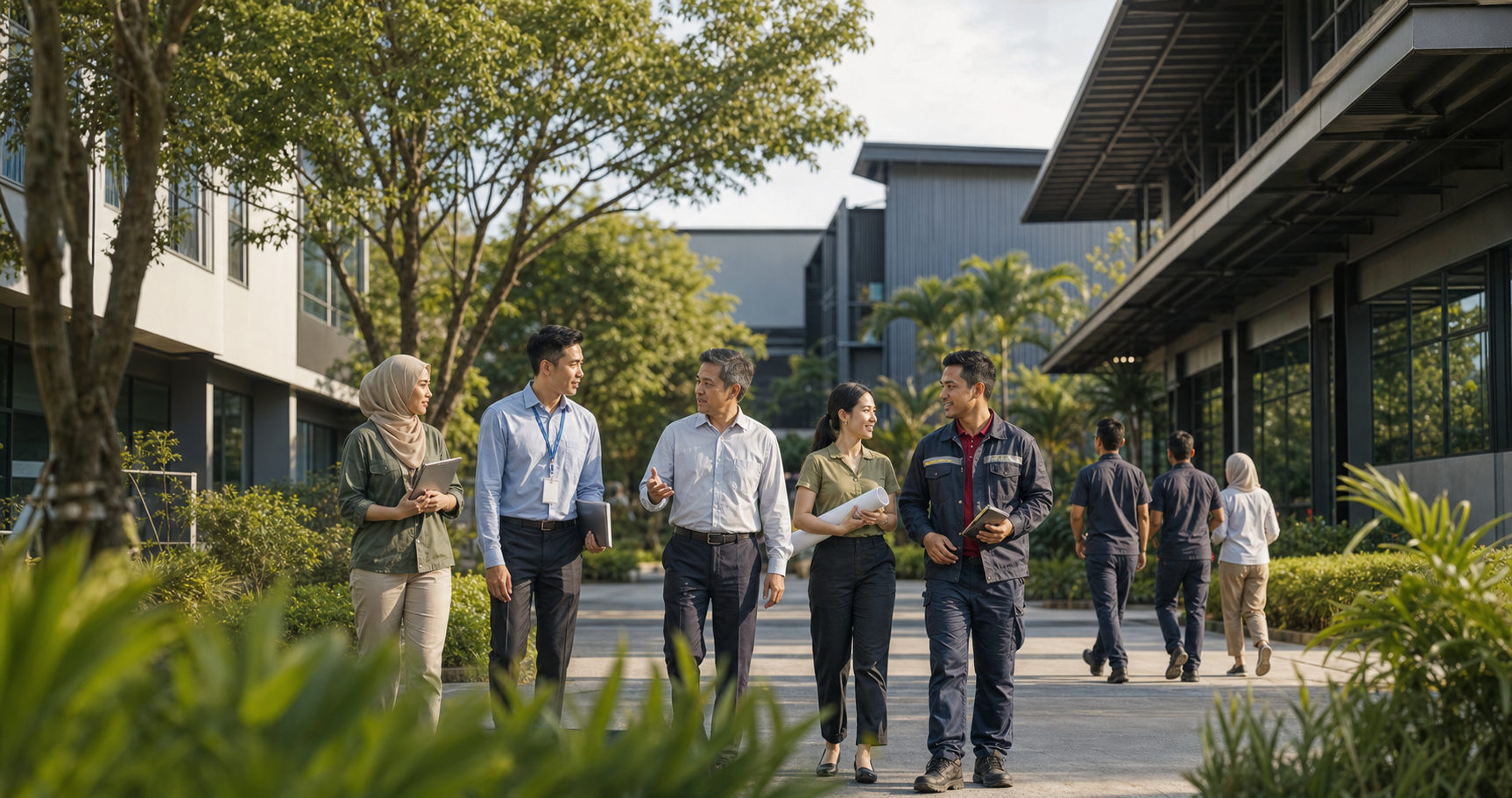 Malaysian professionals and operations teams walking through a landscaped business campus