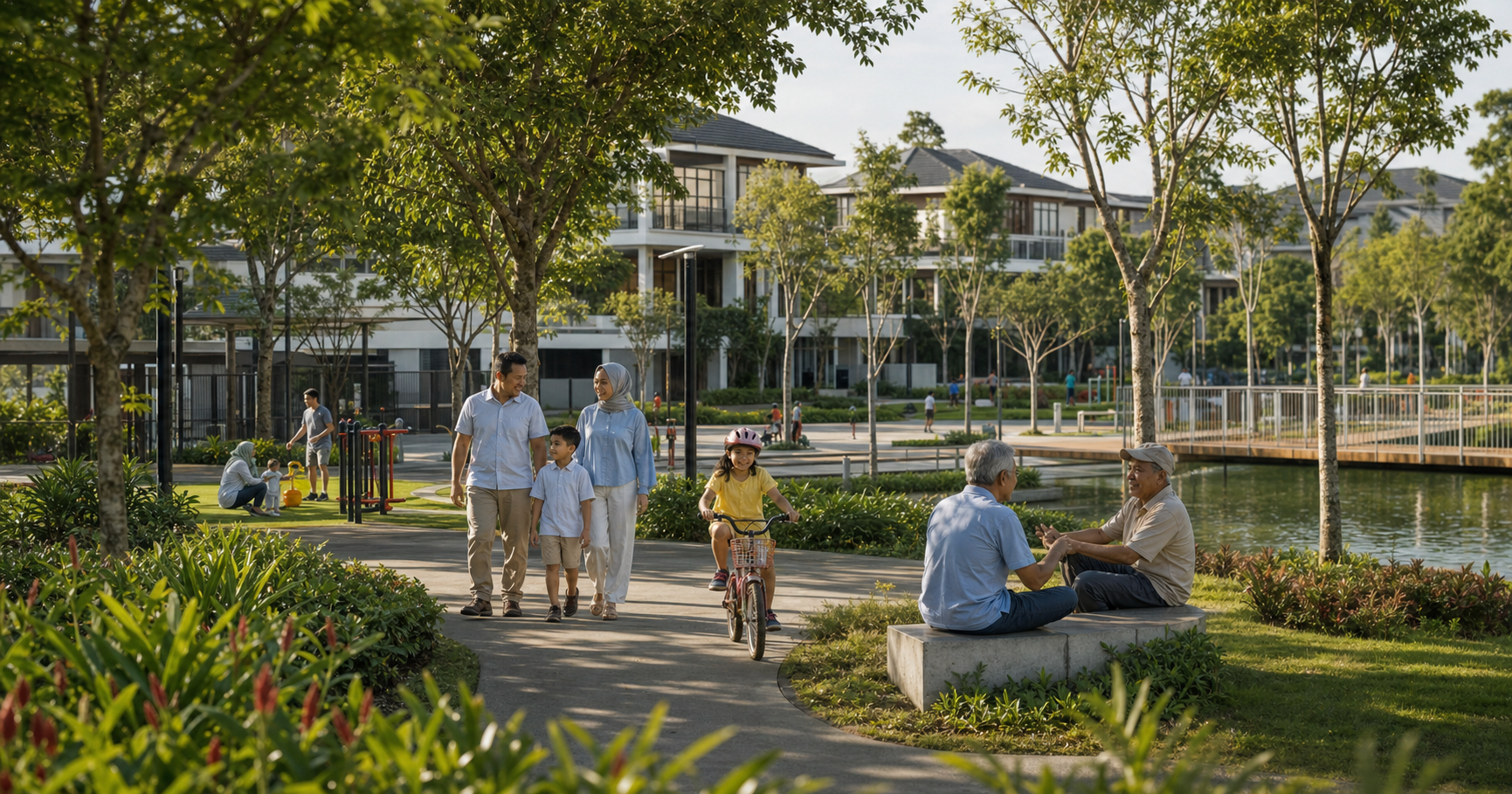 A multigenerational Malaysian community enjoying a landscaped township park