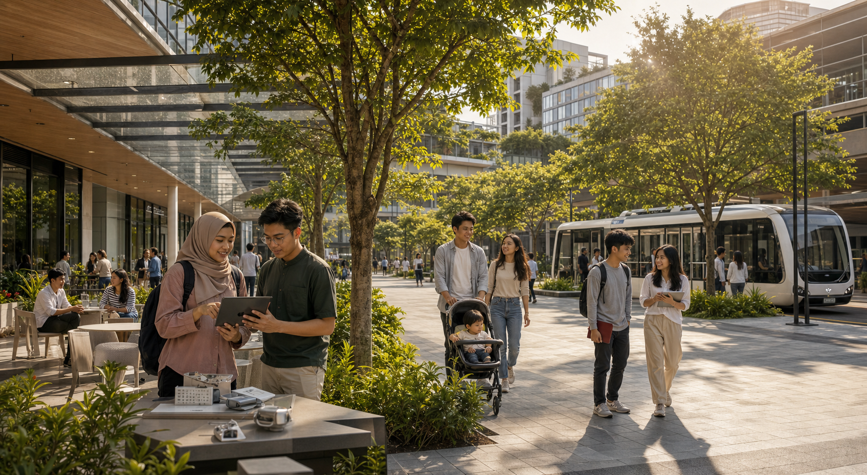 Students, professionals and a young family sharing a future-ready Malaysian civic plaza